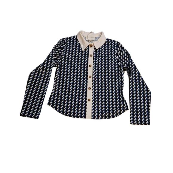 MELLODAY Top Women's Small Long Sleeve Geometric Collared V-Neck Pullover NWT - Picture 1 of 11